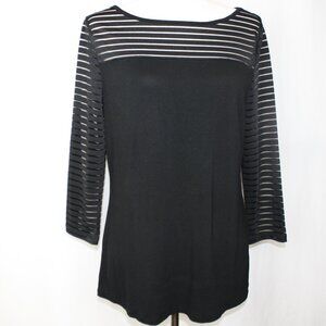Kristine Black Pullover Womens L Striped Sheer 3/4 length sleeves